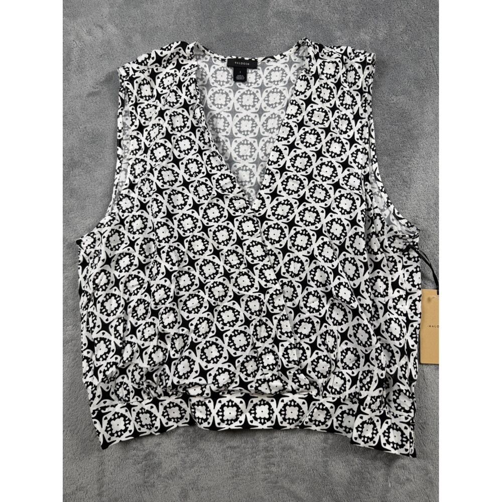 Halogen Black White Geometric Print Sleeveless V Neck Blouse Top Size 1